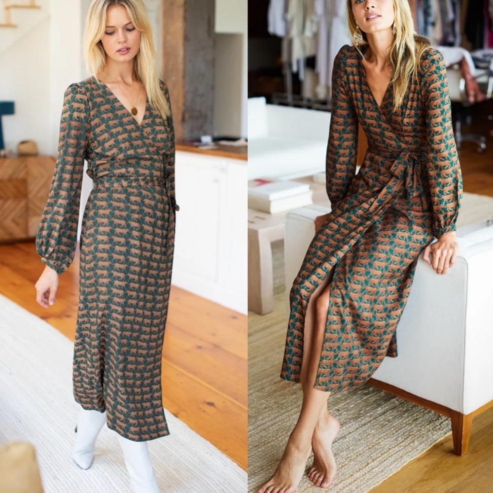 Emerson Fry Bishop Sleeve Maxi Dress Dark Green Cheetah Boho Preppy Womens M